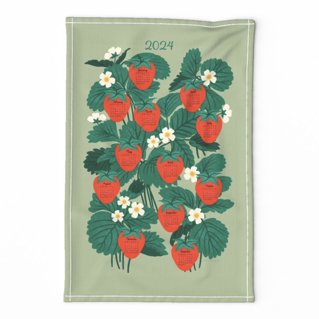 2024 Sincerely Yours Kimberly Calendar Tea Towel. Strawberries and Leaves.