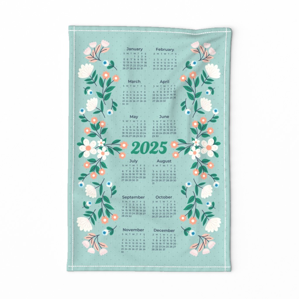 Sincerely Yours Kimberly 2025 Calendar Tea Towel. Mint green and polka dot background. White, peach and pink flowers along the left and right sides. Green leaves with navy blue stems. 2025 in green in the center. The rest of the months and dates surround it in the center of the towel. 