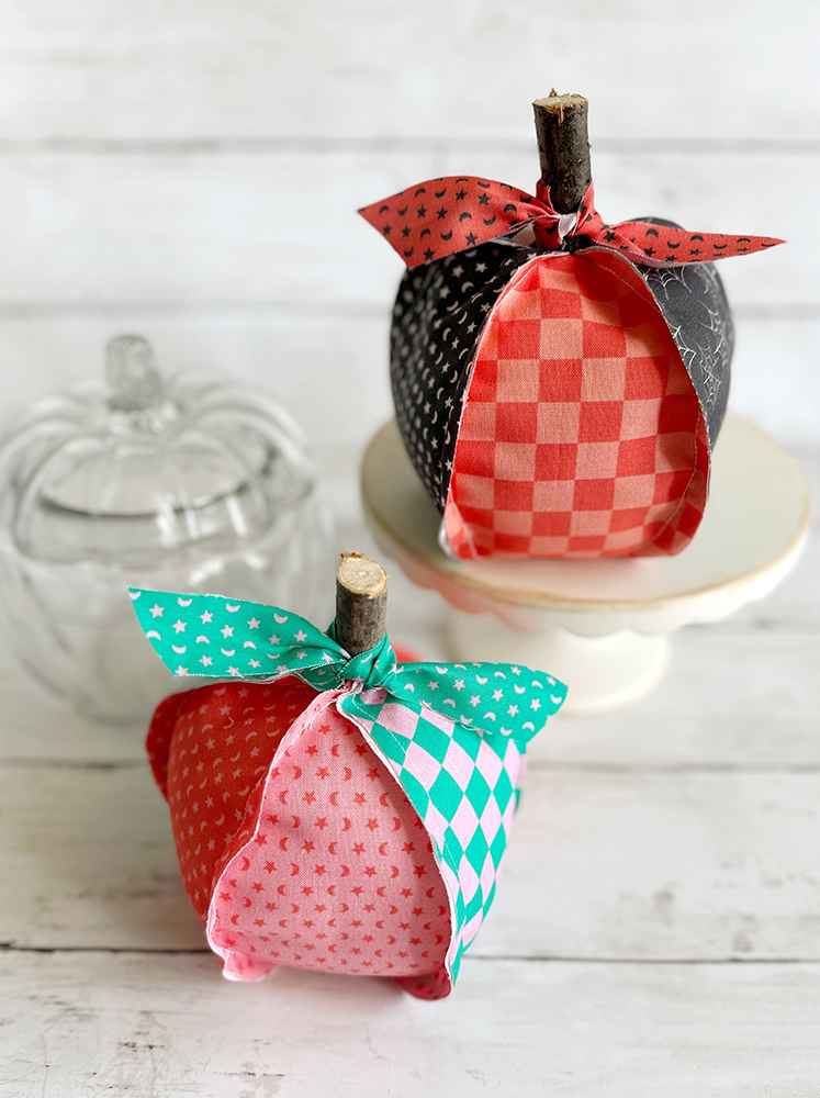 Spooky Sweet Halloween Pumpkins Fabric pumpkins sewn using the Spooky Sweet fabric collection from Sincerely Yours Kimberly