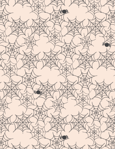 Hand drawn spider webs and little spiders. Not scary, just sweet. Available in the Spooky Sweet collection from Sincerely Yours Kimberly at Spoonflower.